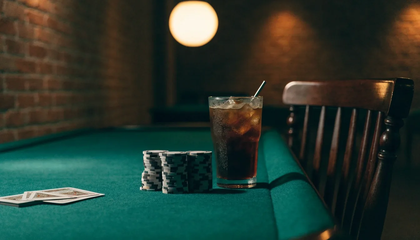 Klidný stůl v pokerové herně s připraveným balíčkem karet a hrnkem kávy na kraji feltu