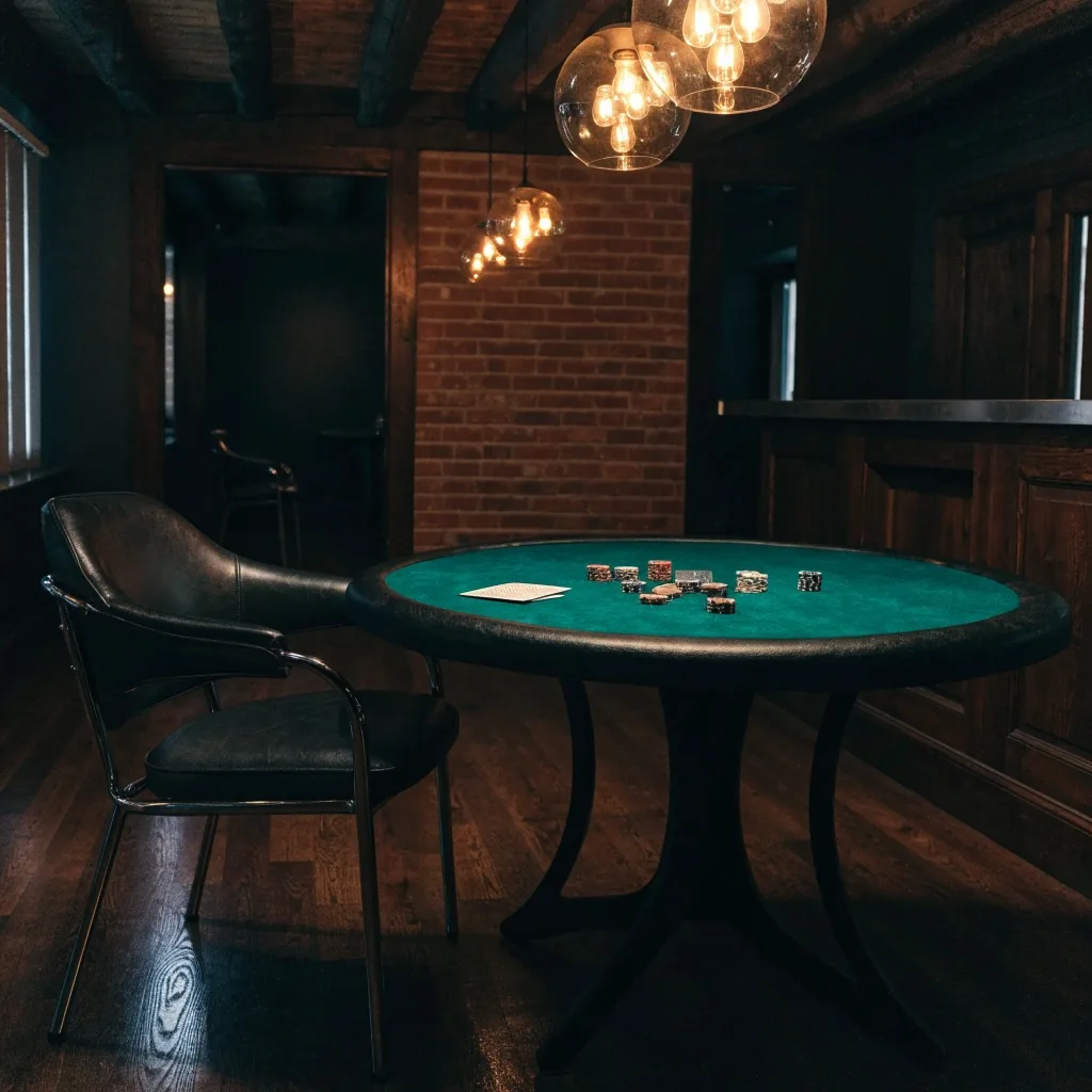 Pokerový stůl s krytým feltem a odloženým balíčkem karet v herně Ironbark Lounge & Poker v Ostravě