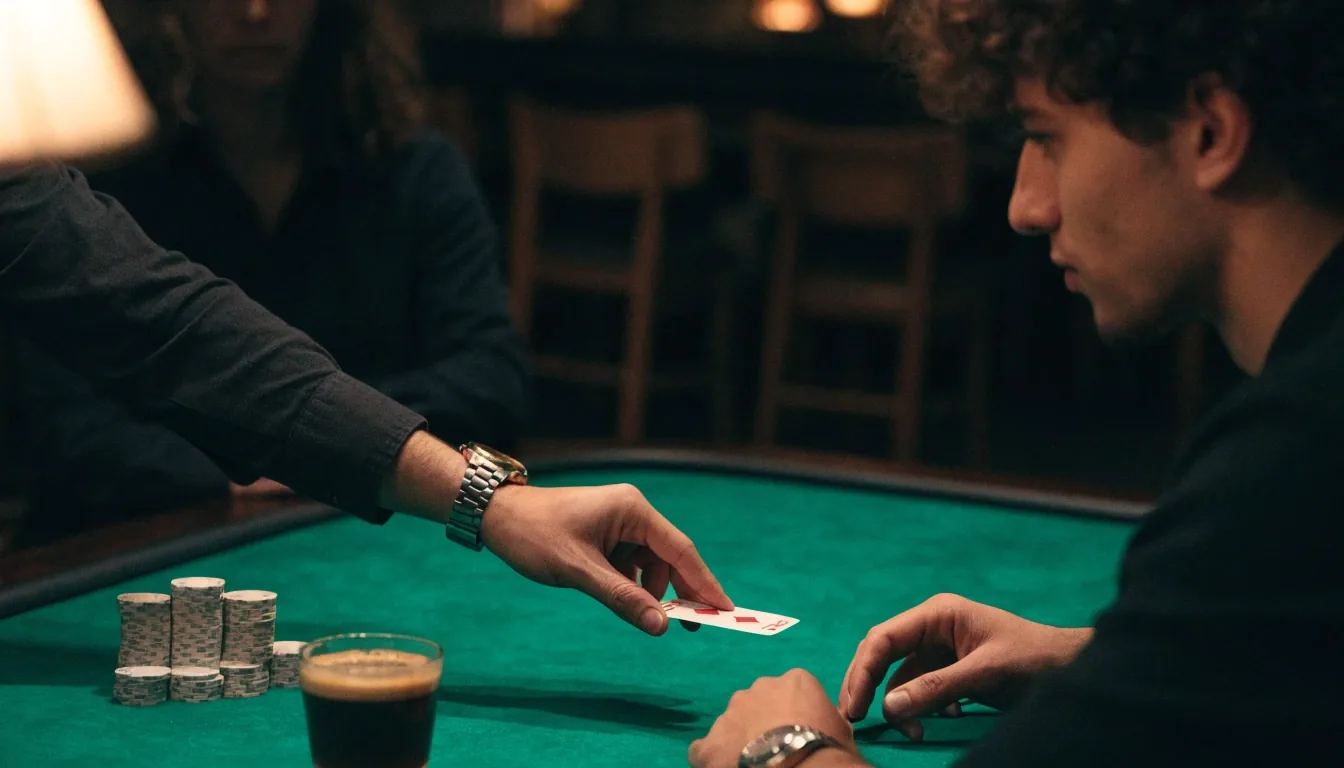 Ruce dealera u balíčku karet na pokerovém stole