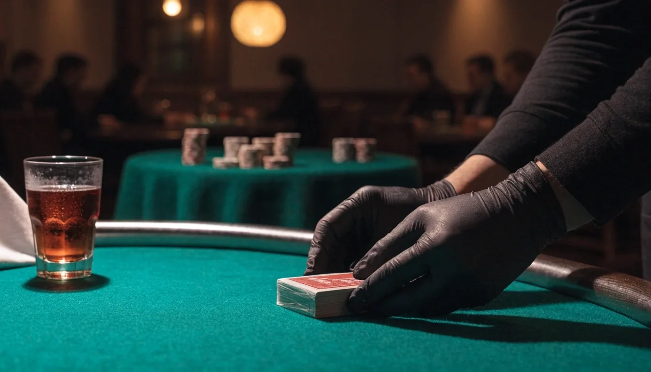 Dva pokerové stoly v oddělené místnosti Ironbarku, karty a žetony na zeleném filcu pod teplým světlem