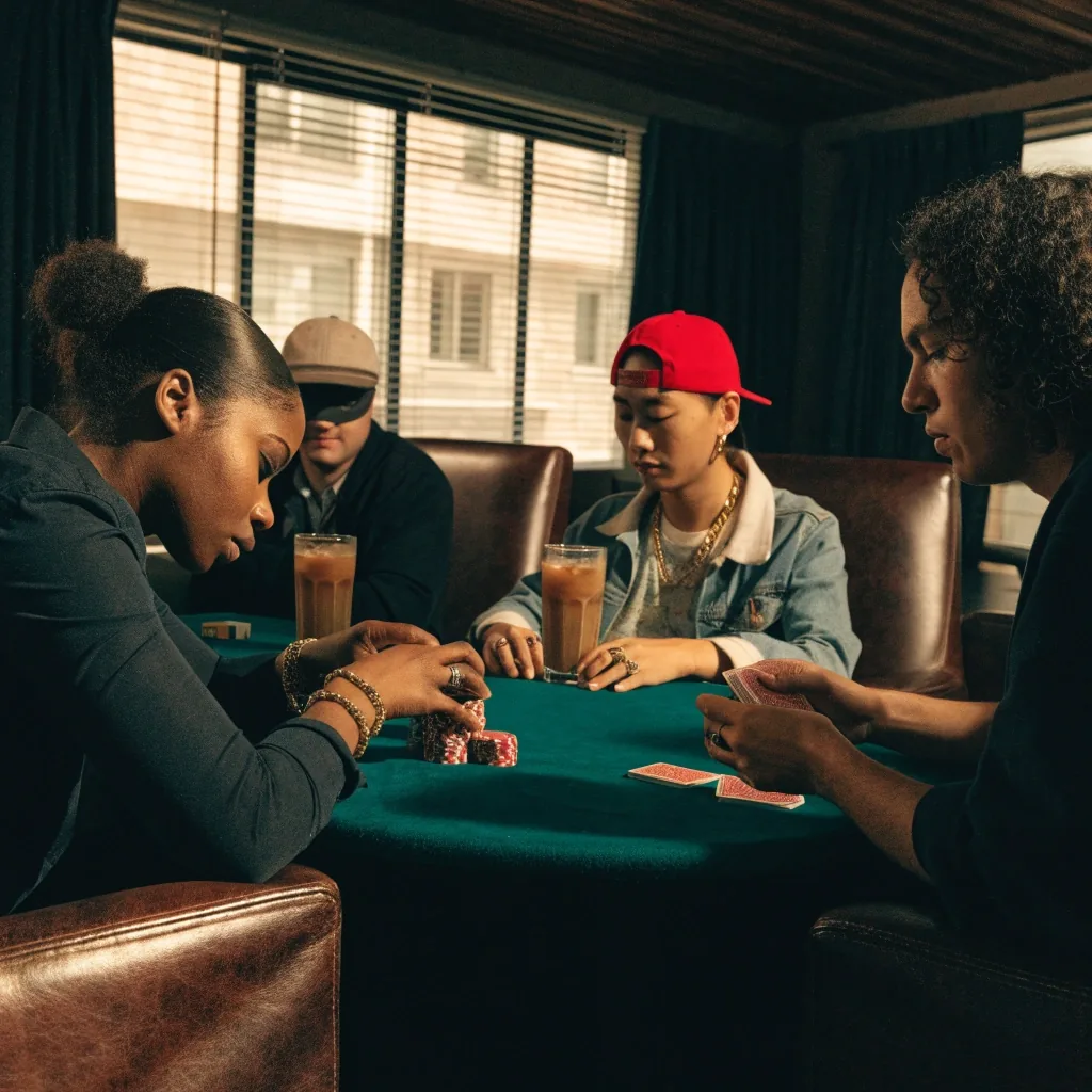 Koženkové židle s opěradly u pokerového stolu, karty a žetony v řadách na filcu