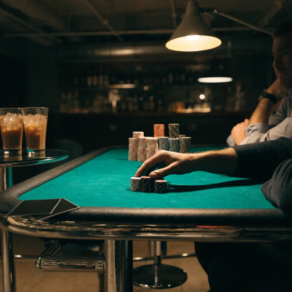Dvě karty a hromádka žetonů na filcu při hře No Limit Hold'em