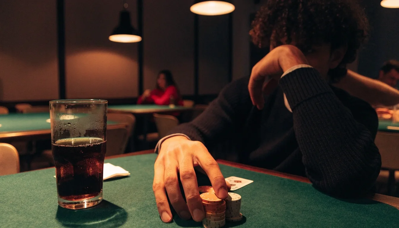 Pokerový stůl s rovnaným balíčkem karet a žetony v herně Ironbark Lounge v Ostravě
