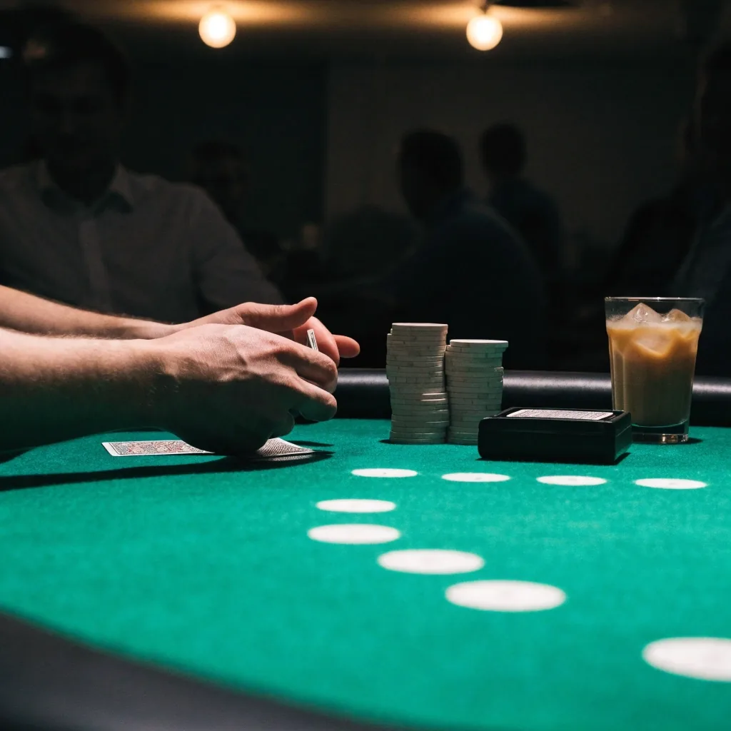 Prázdná židle u stolu a teplé světlo v herně Ironbark Lounge