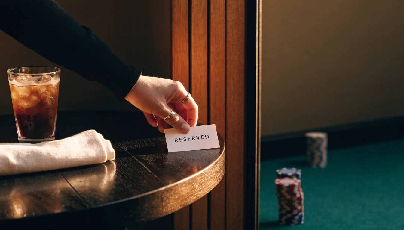 Vytažená židle u karetního stolu s připraveným balíčkem karet a žetony v ostravském lounge