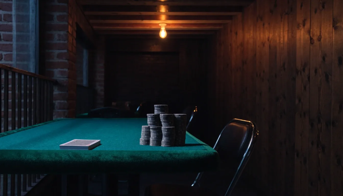 Zelený filc pokerového stolu osvětlený teplým světlem, na něm balíček karet a hromádka žetonů